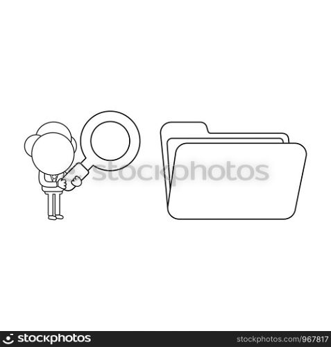 Vector illustration concept of businessman character holding magnifying glass to opened file folder. Black outline.