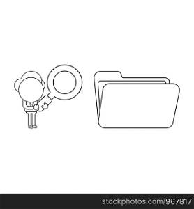 Vector illustration concept of businessman character holding magnifying glass to opened file folder. Black outline.