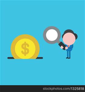 Vector illustration concept of businessman character holding magnifying glass with dollar money coin inside moneybox hole. Blue background.