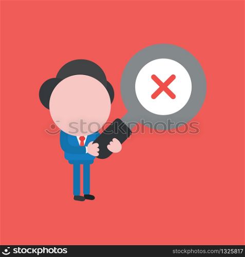 Vector illustration concept of businessman character holding magnifying glass with x mark. Red background.