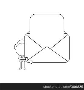 Vector illustration concept of businessman character holding mail envelope with blank paper. Black outline.