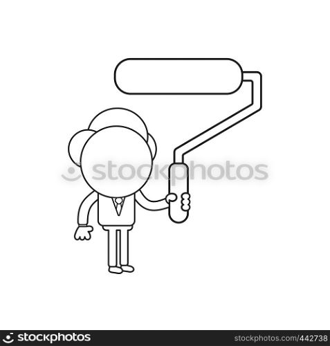 Vector illustration concept of businessman character holding paint brush roller. Black outline.