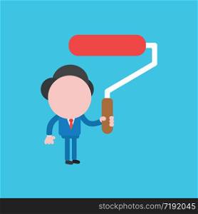 Vector illustration concept of businessman character holding paint brush roller. Blue background.