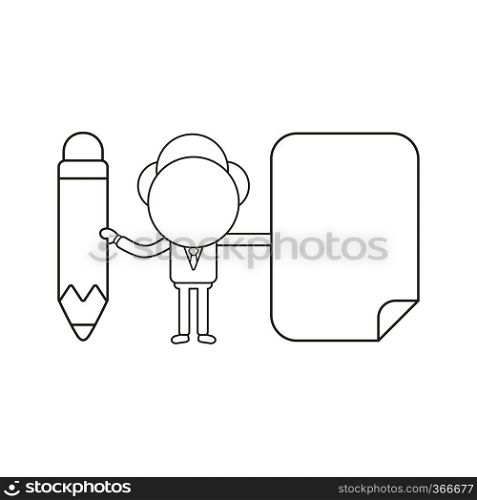 Vector illustration concept of businessman character holding pencil and blank paper. Black outline.