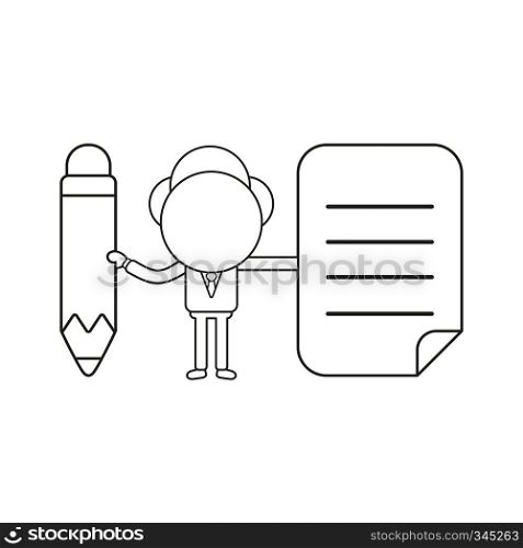 Vector illustration concept of businessman character holding pencil and written paper. Black outline.