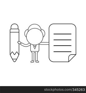 Vector illustration concept of businessman character holding pencil and written paper. Black outline.