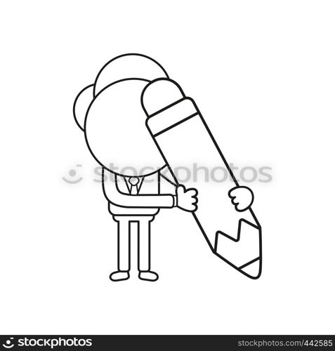 Vector illustration concept of businessman character holding pencil. Black outline.