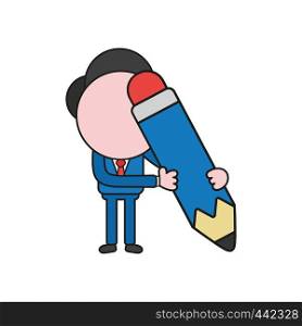 Vector illustration concept of businessman character holding pencil. Color and black outlines.
