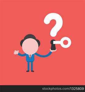 Vector illustration concept of businessman character holding question mark with keyhole and key unlock. Red background.