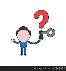 Vector illustration concept of businessman character holding question mark with keyhole and key unlock. Color and black outlines.