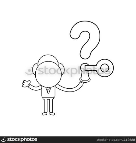 Vector illustration concept of businessman character holding question mark with keyhole and key unlock. Black outline.