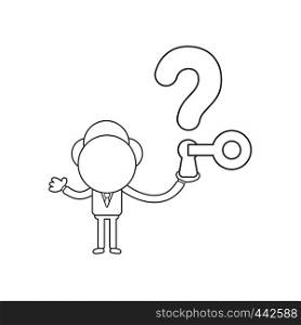 Vector illustration concept of businessman character holding question mark with keyhole and key unlock. Black outline.