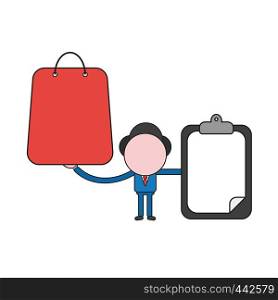 Vector illustration concept of businessman character holding shopping bag and clipboard with blank paper. Color and black outlines.