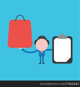 Vector illustration concept of businessman character holding shopping bag and clipboard with blank paper. Blue background.
