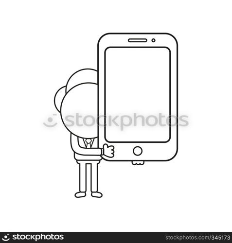 Vector illustration concept of businessman character holding smartphone. Black outline.