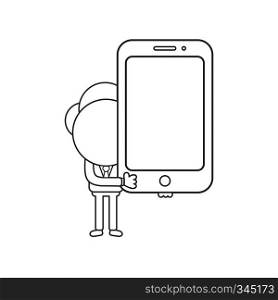 Vector illustration concept of businessman character holding smartphone. Black outline.