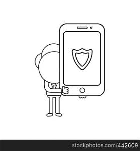 Vector illustration concept of businessman character holding smartphone with guard shield. Black outline.