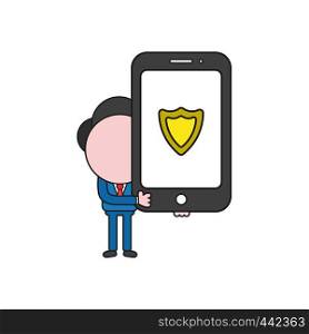 Vector illustration concept of businessman character holding smartphone with guard shield. Color and black outlines.