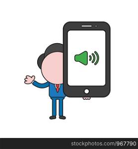 Vector illustration concept of businessman character holding smartphone with sound on symbol. Color and black outlines.