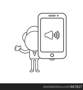 Vector illustration concept of businessman character holding smartphone with sound on symbol. Black outline.