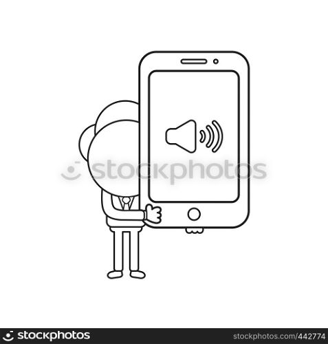 Vector illustration concept of businessman character holding smartphone with sound symbol. Black outline.