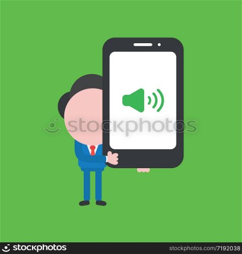 Vector illustration concept of businessman character holding smartphone with speaker sound. Green background.