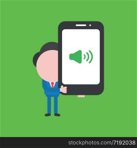 Vector illustration concept of businessman character holding smartphone with speaker sound. Green background.