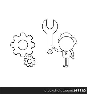 Vector illustration concept of businessman character holding spanner to gears. Black outline.