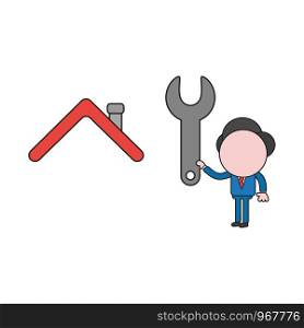 Vector illustration concept of businessman character holding spanner to house roof. Color and black outlines.