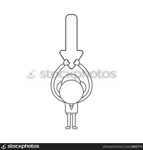 Vector illustration concept of businessman character holding up arrow pointing down. Black outline.