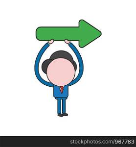 Vector illustration concept of businessman character holding up arrow pointing right. Color and black outlines.
