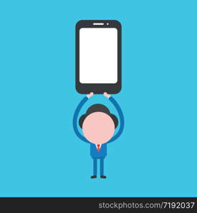 Vector illustration concept of businessman character holding up black smartphone. Blue background.