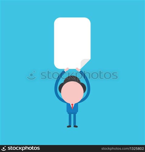 Vector illustration concept of businessman character holding up blank paper. Blue background.