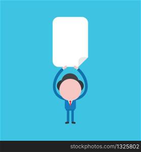 Vector illustration concept of businessman character holding up blank paper. Blue background.