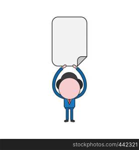 Vector illustration concept of businessman character holding up blank paper. Color and black outlines.