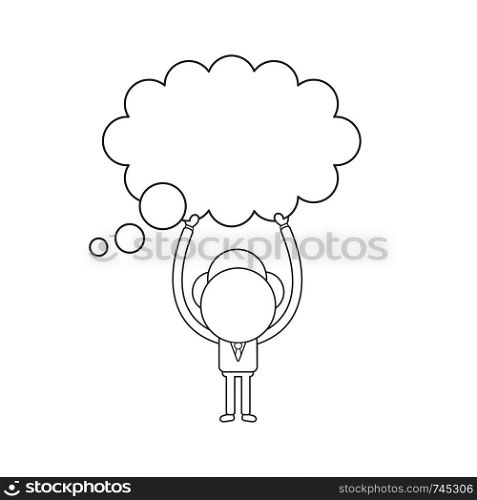 Vector illustration concept of businessman character holding up blank thought bubble. Black outline.