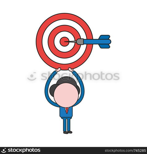 Vector illustration concept of businessman character holding up bulls eye and dart in the center. Color and black outlines.