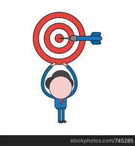 Vector illustration concept of businessman character holding up bulls eye and dart in the center. Color and black outlines.