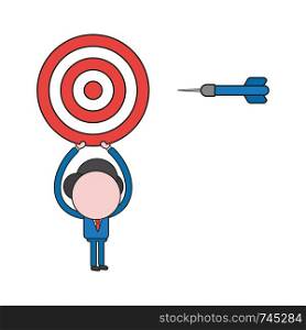 Vector illustration concept of businessman character holding up bulls eye with dart. Color and black outlines.