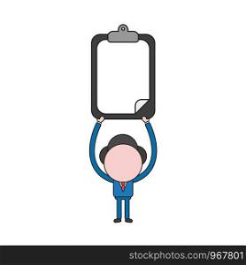 Vector illustration concept of businessman character holding up clipboard with blank paper. Color and black outlines.
