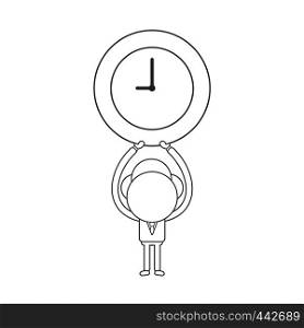Vector illustration concept of businessman character holding up clock. Black outline.