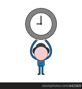 Vector illustration concept of businessman character holding up clock. Color and black outlines.