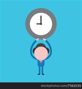 Vector illustration concept of businessman character holding up clock time. Blue background.