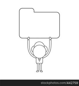 Vector illustration concept of businessman character holding up closed file folder. Black outline.