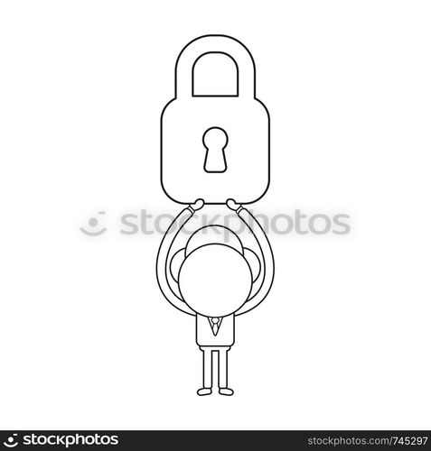 Vector illustration concept of businessman character holding up closed padlock. Black outline.