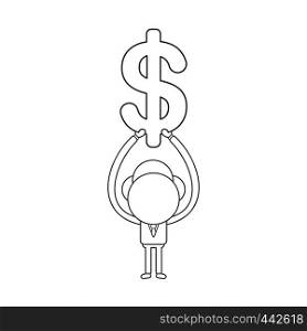 Vector illustration concept of businessman character holding up dollar symbol. Black outline.