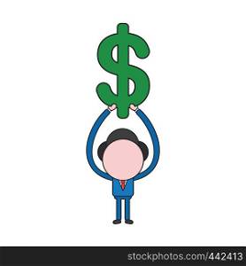 Vector illustration concept of businessman character holding up dollar symbol. Color and black outlines.