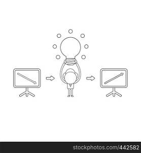 Vector illustration concept of businessman character holding up glowing light bulb idea and sales chart arrow moving down and up. Black outline.