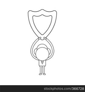 Vector illustration concept of businessman character holding up guard shield. Black outline.