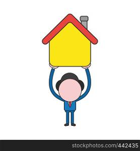 Vector illustration concept of businessman character holding up house. Color and black outlines.